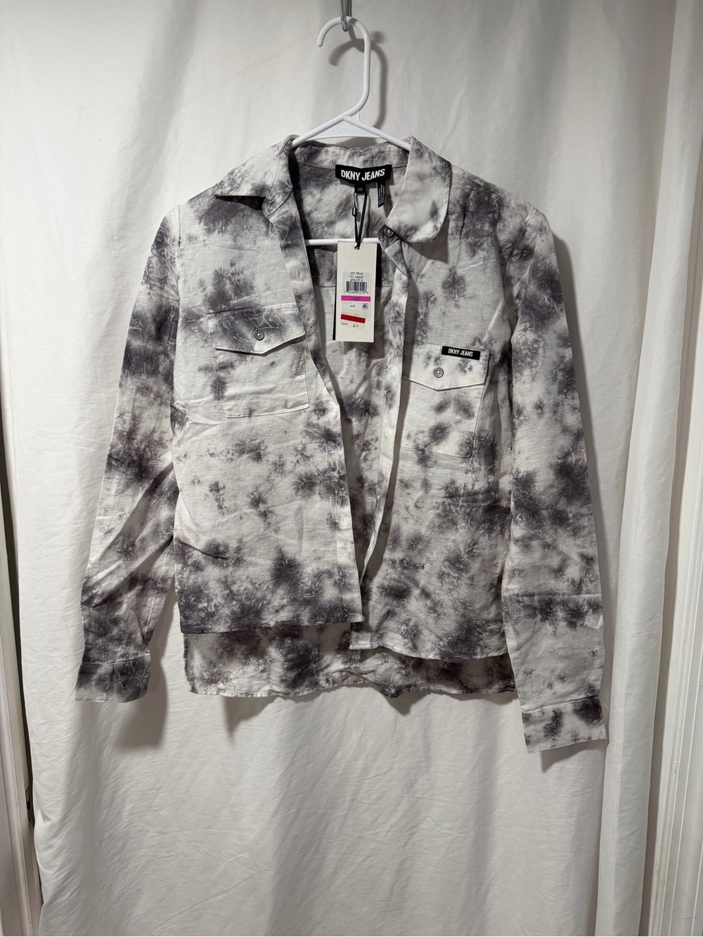 DKNY Gray & White Tie-Dye Button Front Jean Jacket